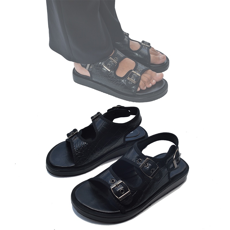 THREE BOX - Sandal Platform Wedges Tali Wanita Medium Jumbo - CRONIL CROCO BLACK