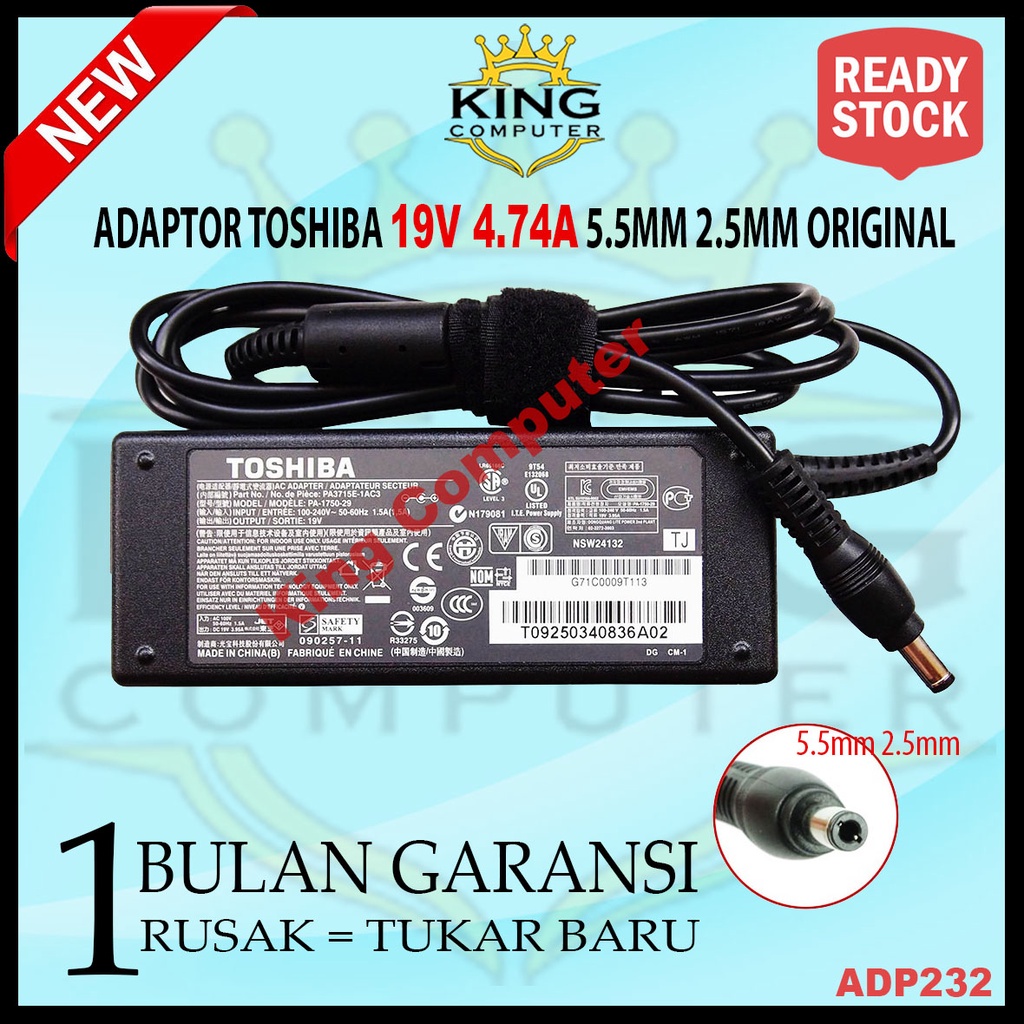 Adaptor Charger Laptop Toshiba 19V-4.74A Original