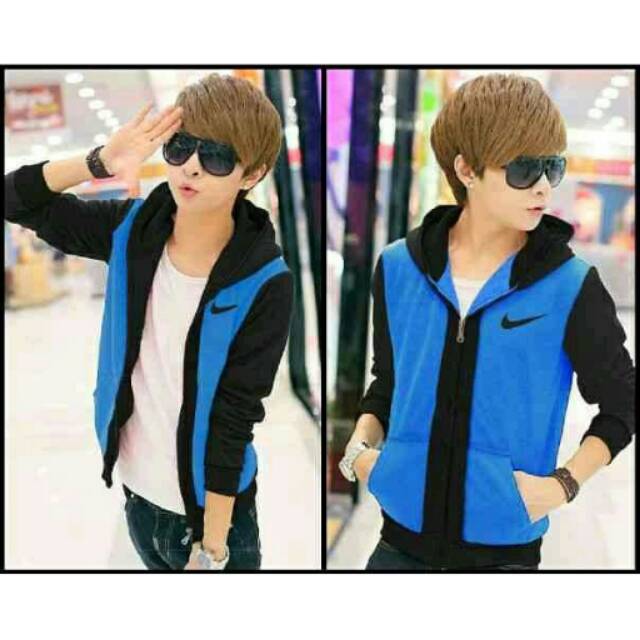 Jaket fashion pria Nike biru dan hijau model Hoodie pakaian laki laki baju cowok modern baru bagus