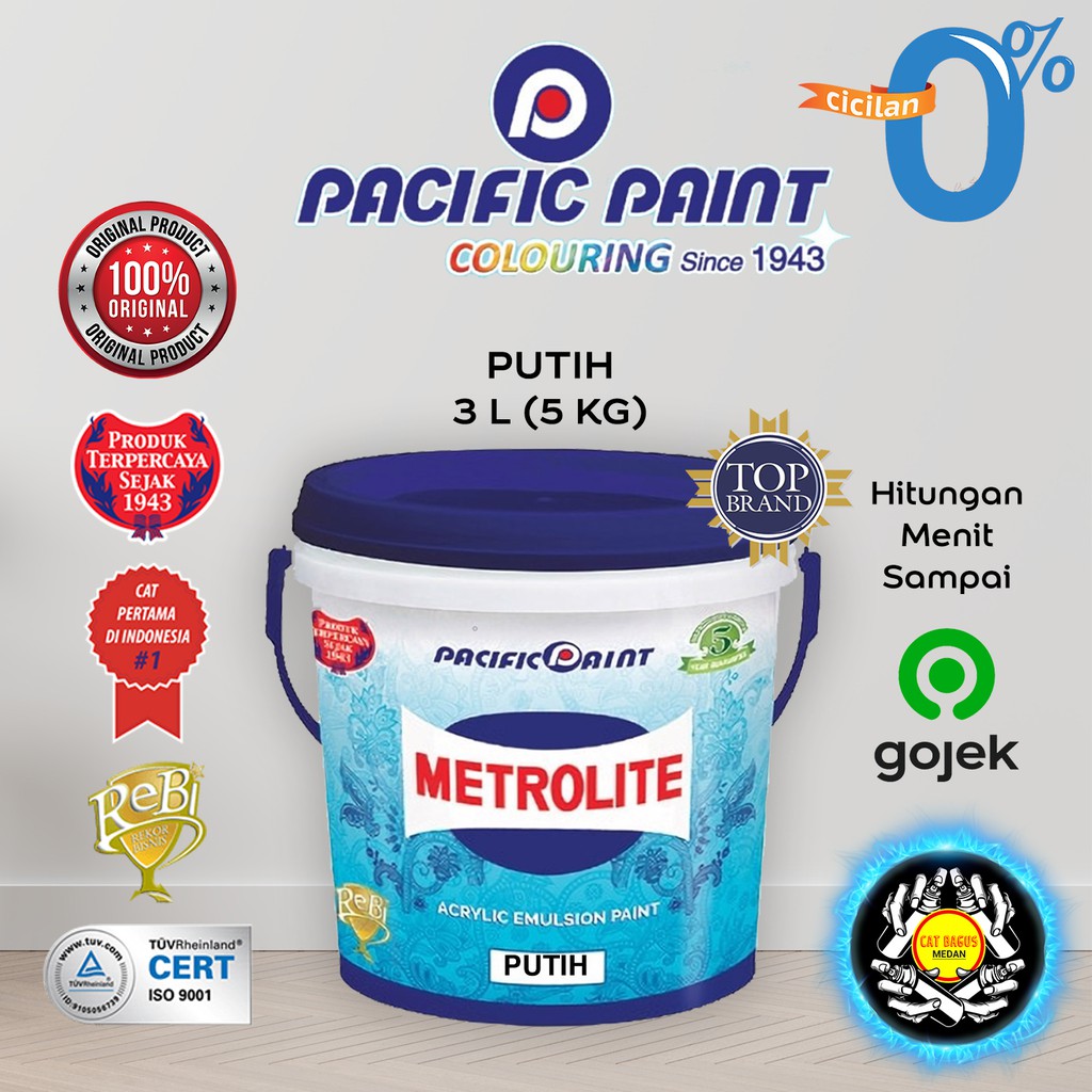 CAT AIR TEMBOK DINDING METROLITE PACIFIC PAINT WARNA PUTIH WHITE 5 KG 5KG 3 L 3L MEDAN BINJAI GOJEK