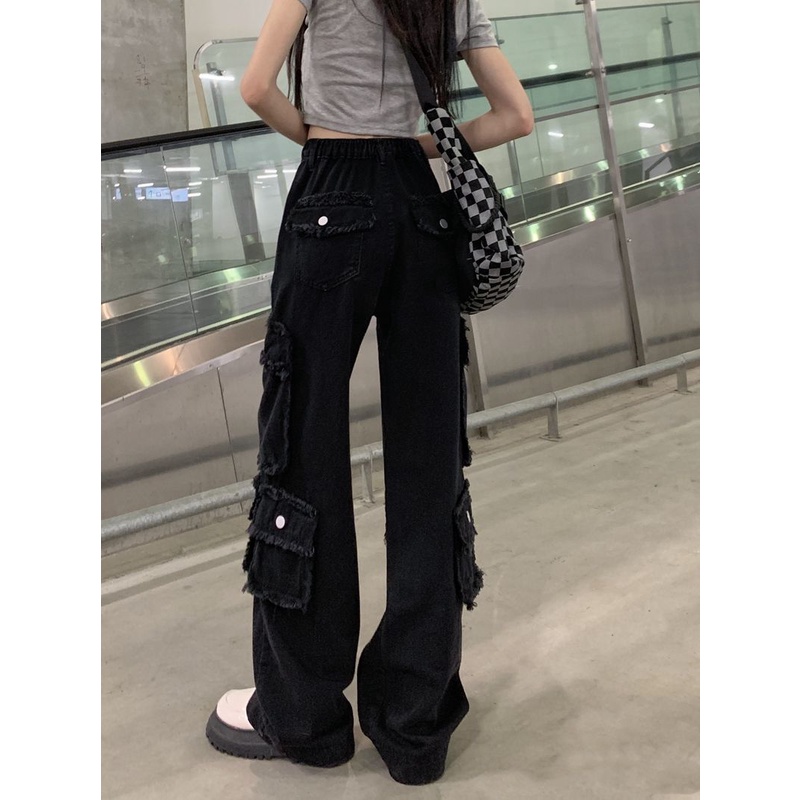 Hip-Hop High Street Raw Edge Jeans Wanita Musim Gugur Manis dan Keren Hot Girl Celana Sembilan Titik Pinggang Tinggi Tipis Longgar Lebar Kaki Overall