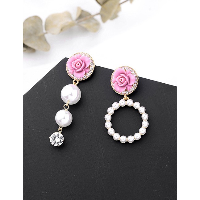 LRC Anting Tusuk Fashion White Sterling Silver Geometric Diamond Pearl Flower Asymmetrical Earring