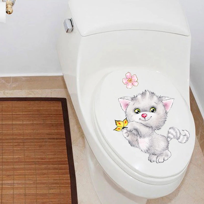 Poster Wallpaper Kitten Toilet Seat Sangat Lucu Kartun Kamar Mandi Stiker Dinding Ruang Tamu Rumah Mural Stiker Decals Dekorasi Art Decals