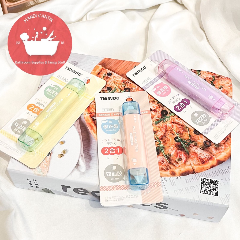 

2 in 1 Correction Tape + Glue Tape lem roll penghapus pulpen lem selotip double tape warna pastel alat tulis kantor sekolah kado unik lucu lilac baby blue yellow