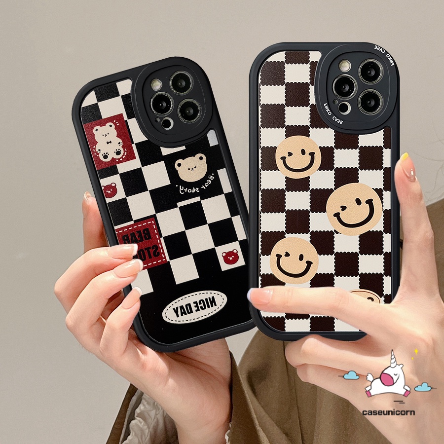 IPHONE Casing Ponsel Kompatibel Untuk Iphone11 13 12 14 Pro Max7 8 Plus 6 6s Plus XR X XS MAX SE 2020mewah Kotak-Kotak Case Kartun Beruang Lucu Smile TPU Silicon Lembut Penutup Belakang