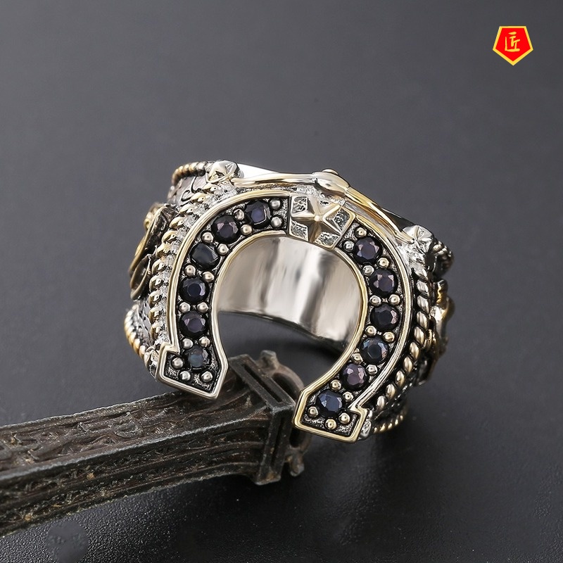[Ready Stock]Men's Horseshoe Diamond Ring Gold Two-Color