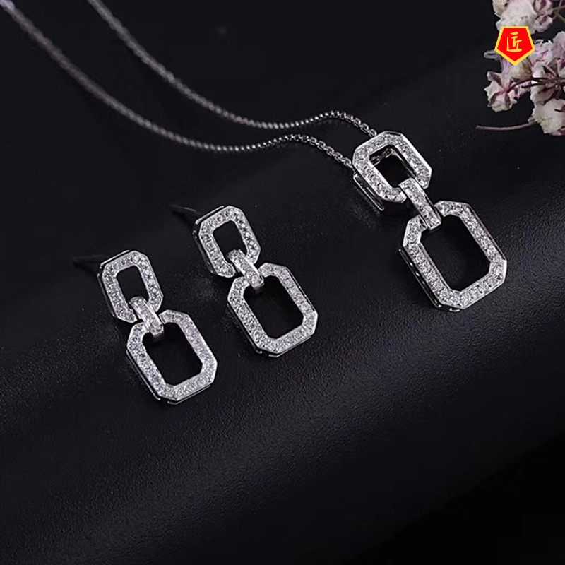 [Ready Stock]Luxury Geometric Ear Studs Micro-Inlaid Full Diamond Necklace