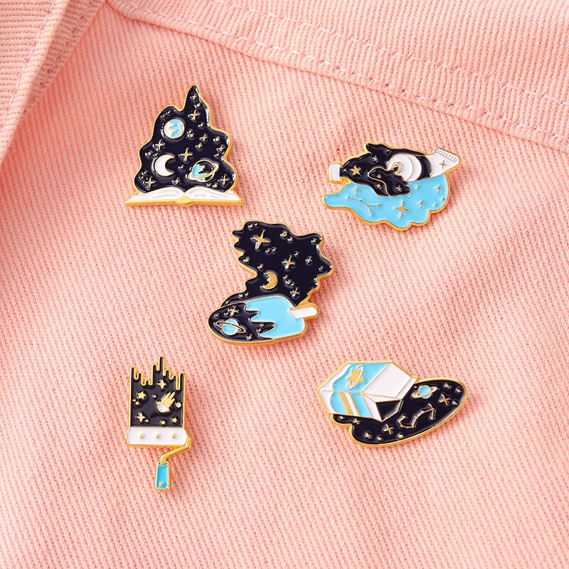 Dark Interstellar Galaxy Stars Moon Enamel Pins Universe Brooch Lapel Badge Bag Cartoon Jewelry Gift for Kids Friends