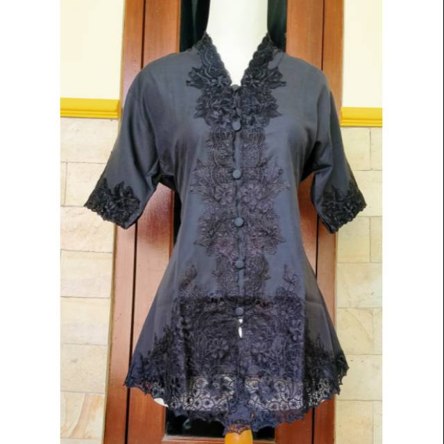 Kebaya encim bordir hitam polos lengan pendek murah
