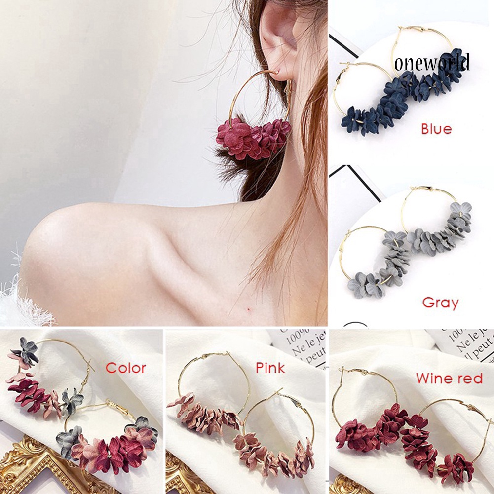 OW@ Women Fashion Metal Plated Dried Flower Round Hoop Earrings Party Jewelry Gift