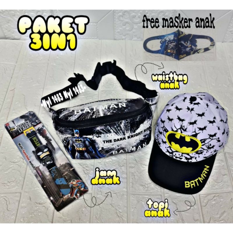 NEW Arrival 3in1 Batman dan BTS tas SLempang anak topi dan jam tangan free masker anak