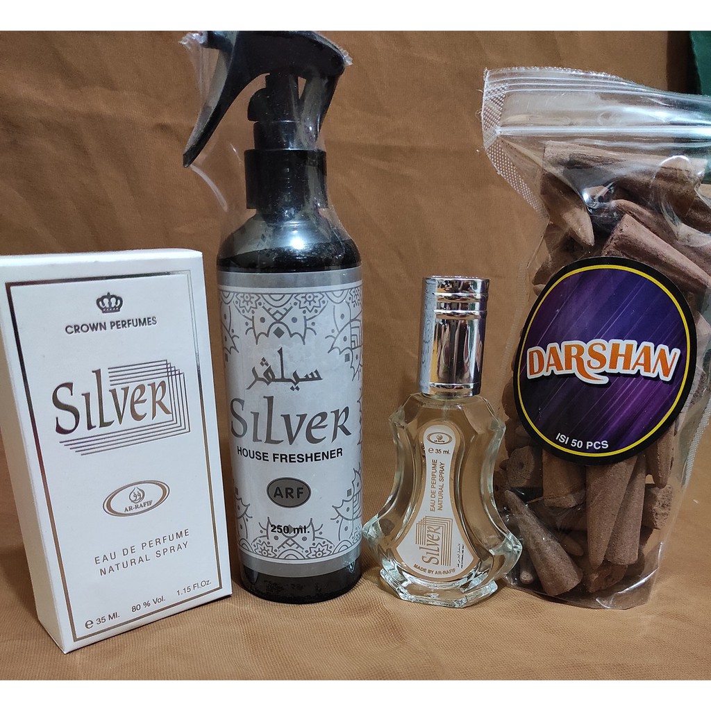 kombinasi cantik2 parfum pengharum ruangan arab 250ml SILVER buhur kerucut dan minyak spray badan 35