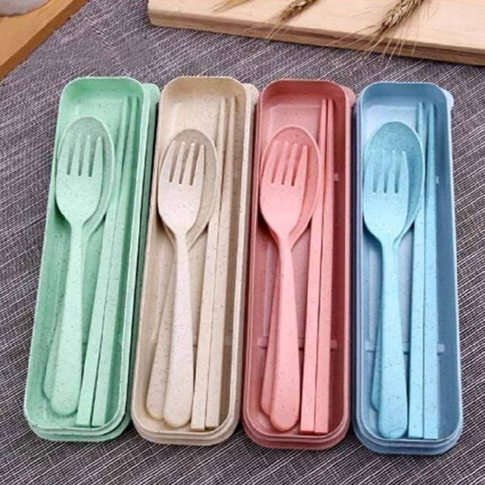 Alat Makan Set Sendok Garpu Sumpit Portable Set Bahan Alami Jerami Gandum Warna Warni