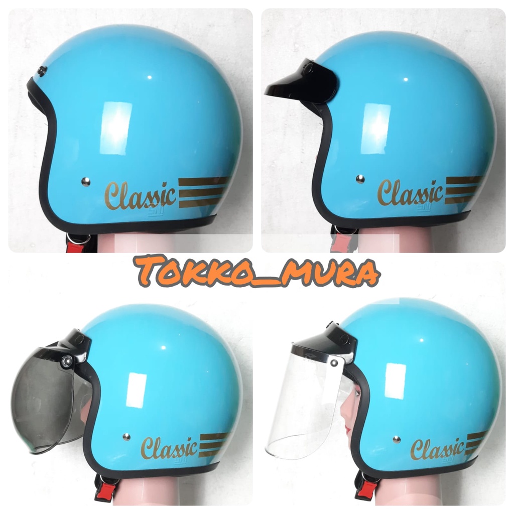 Helm bogo classic / bogo garis tiga sni / helm dewasa murah _ blue mild