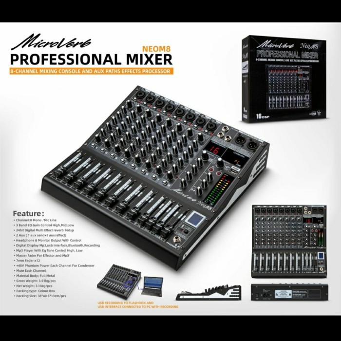 MIXER AUDIO  M8 8CH USB-BLUETOOTH RECORDING TO PC