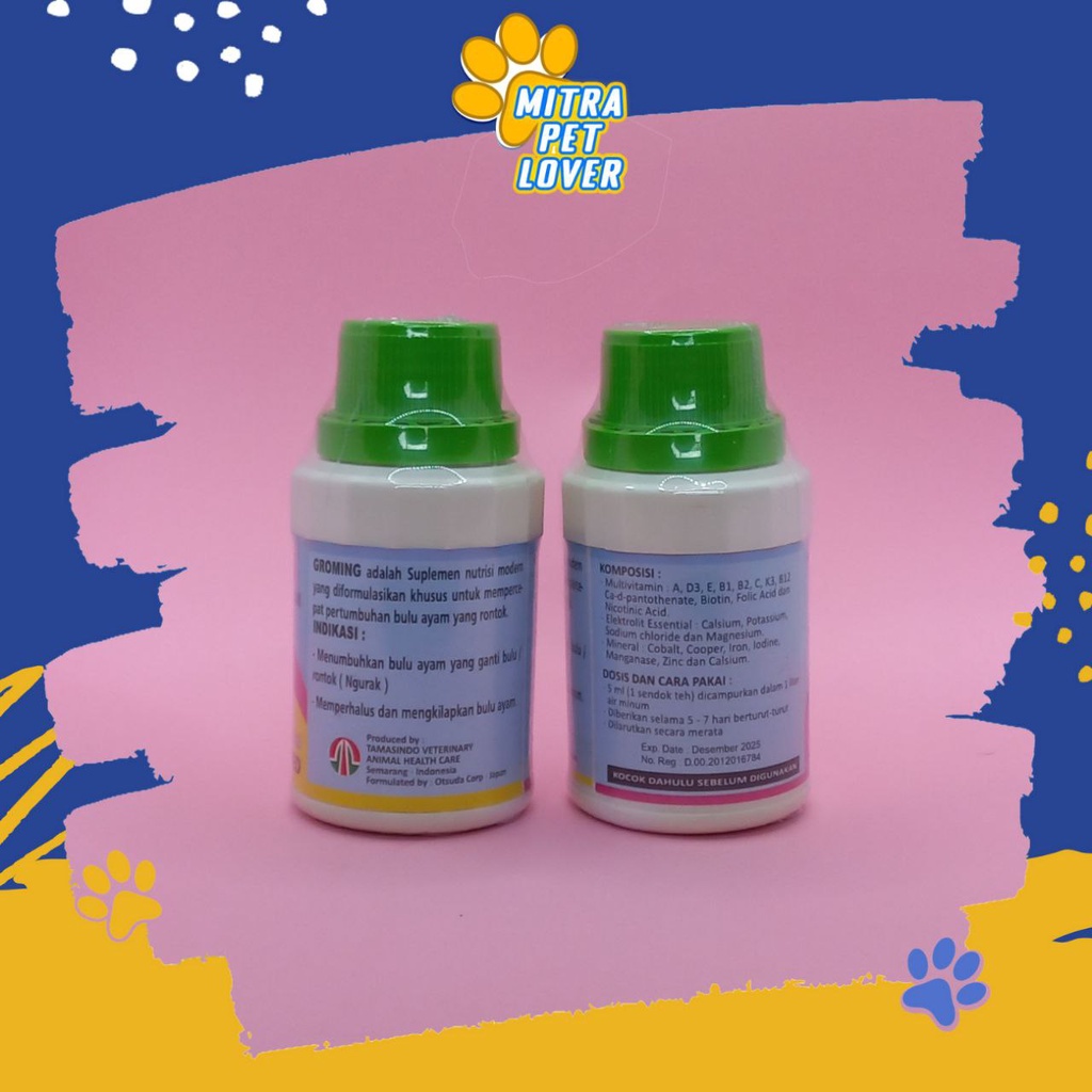 SUPLEMEN PENUMBUH BULU AYAM - GROMING 100 ML ORIGINAL - MEMPERCEPAT PERTUMBUHAN BULU AYAM CHICKEN YANG RONTOK - MENGHALUSKAN MENGUATKAN BULU UNGGAS - MURAH ASLI GARANSI KUALITAS - PET ANIMAL VETERINARY TAMASINDO OBAT &amp; VITAMIN TERNAK HEWAN MITRAPETLOVER