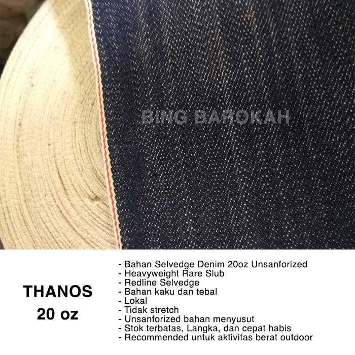 Bahan Kain Selvedge Denim Thanos 20 oz Unsanforized / Harga Kelipatan 0,1 Yard