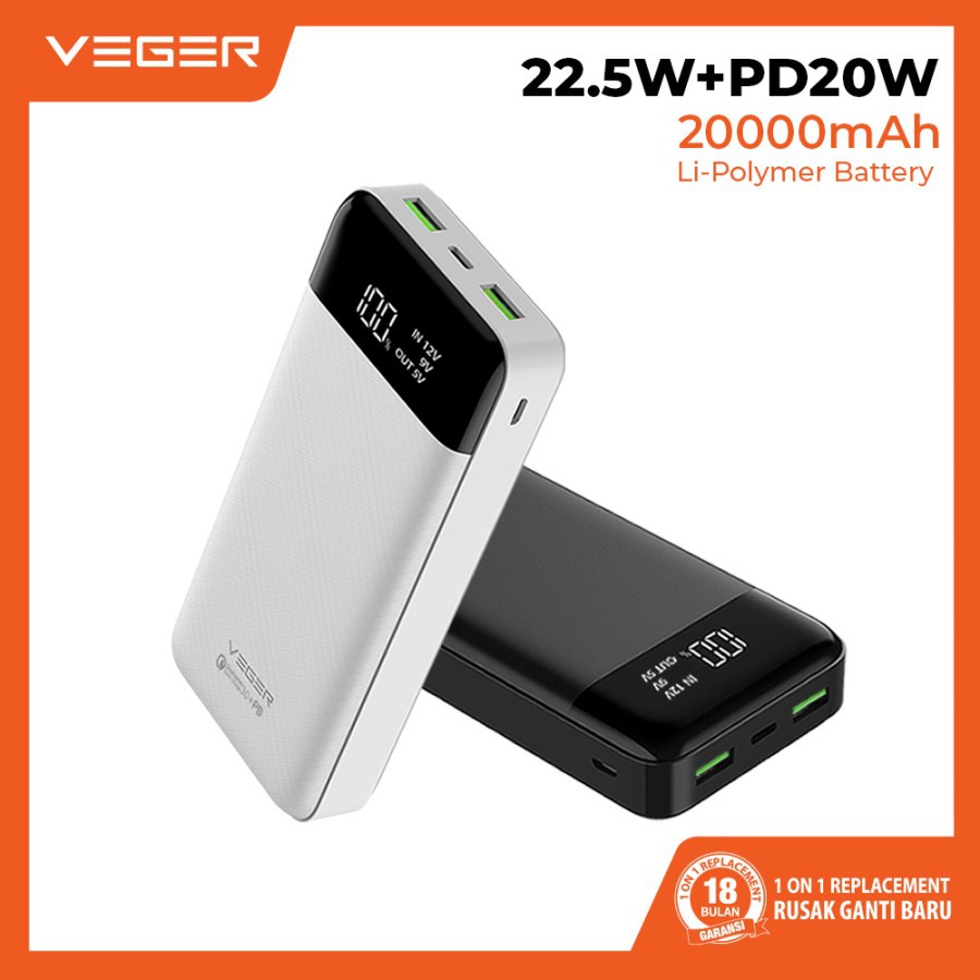 Powerbank VEGER Q21 20000 mAh Powerbank Fast Charging 3.0 Led Digital
