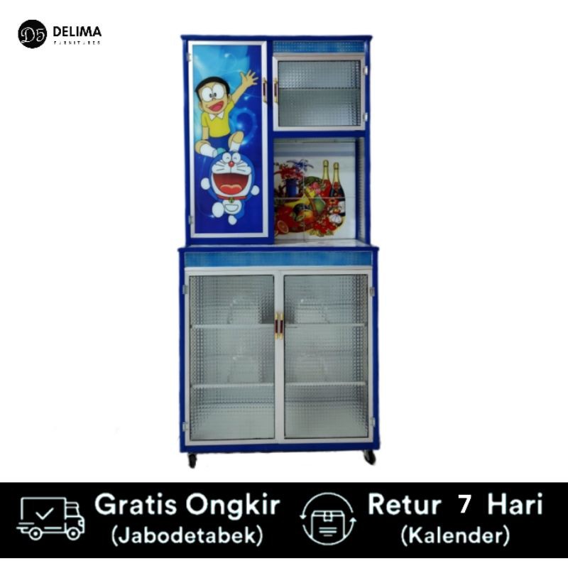 Rak Piring Lemari Sayur Karakter 2 Pintu Kaca, Kaki Roda - Doraemon