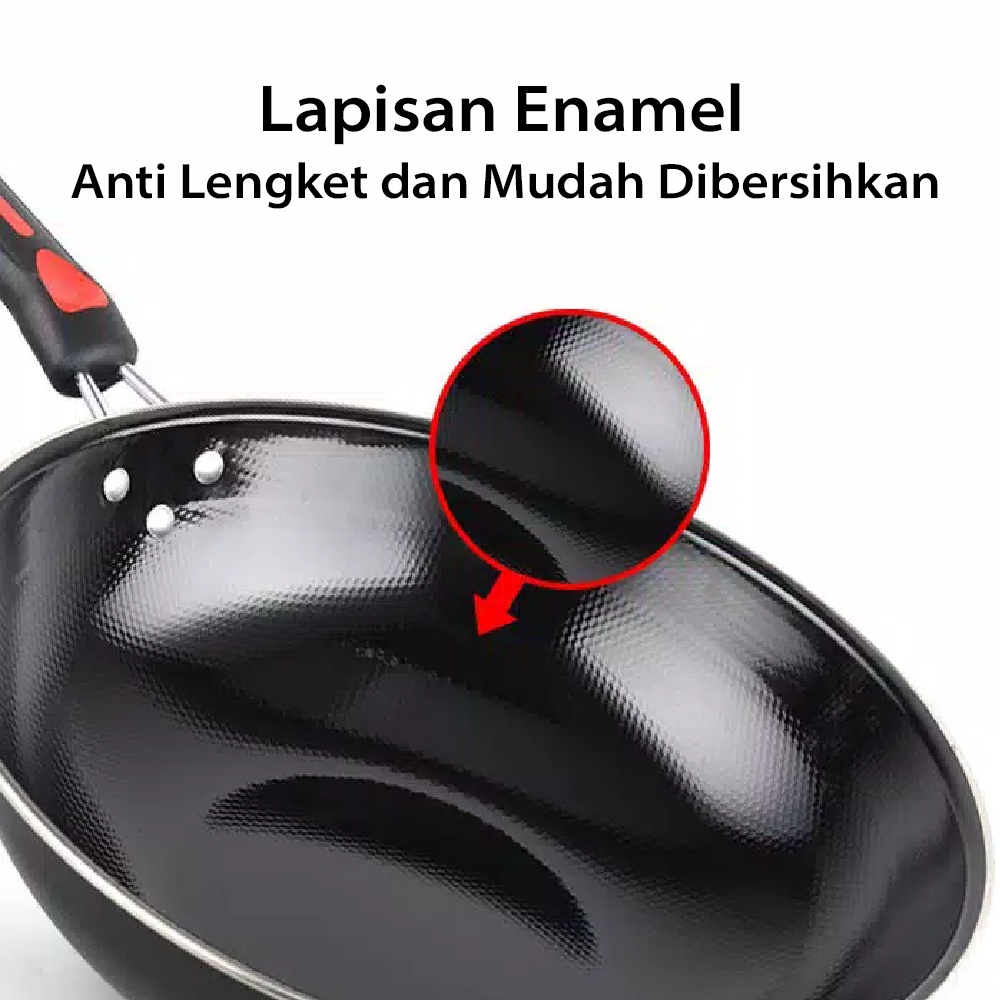 Wajan Enamel Gagang 32 34 cm / Kuali Hitam Anti Lengket 32cm 34cm JUNNO