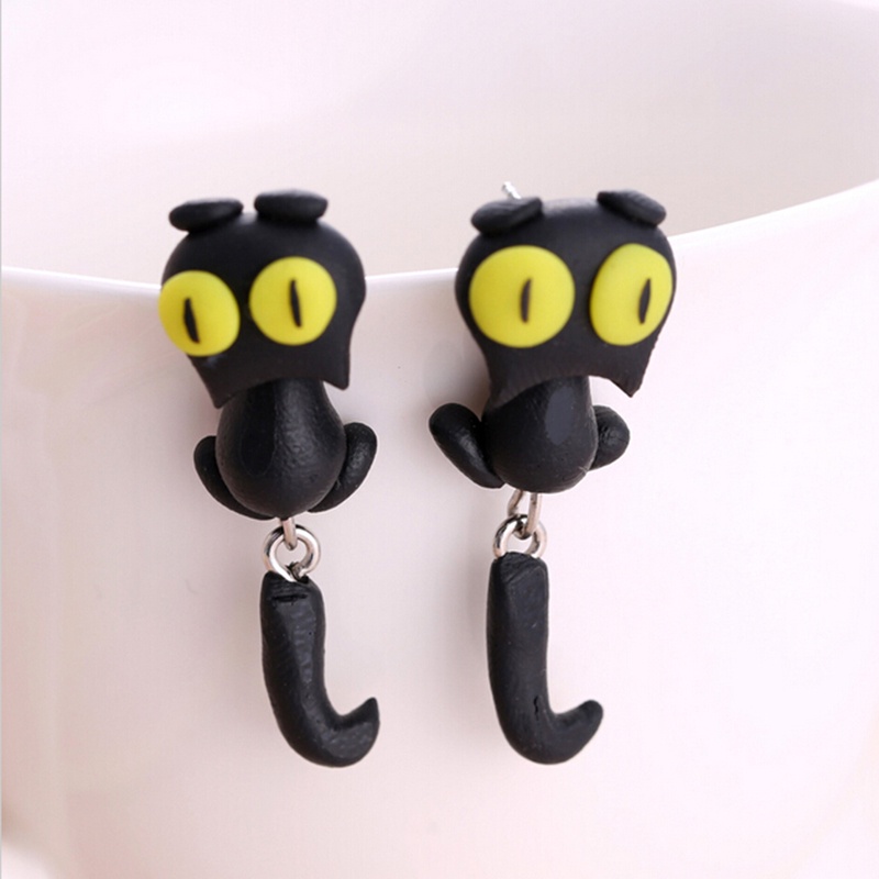 1 Pasang Anting Tusuk Bentuk Kucing Bahan Polymer Clay Untuk Wanita