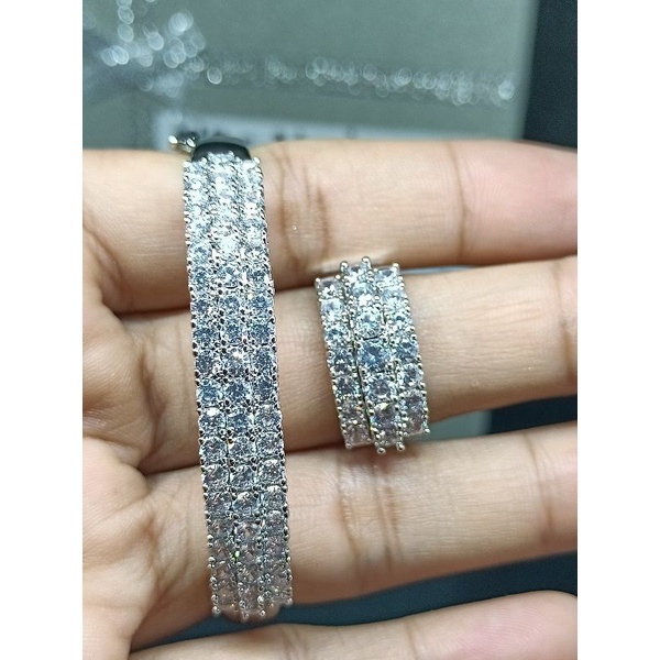 Gelang+cincin replika diamond Eropa baris tiga, tdk berkarat,tdk gampang luntur,mata premium zircon