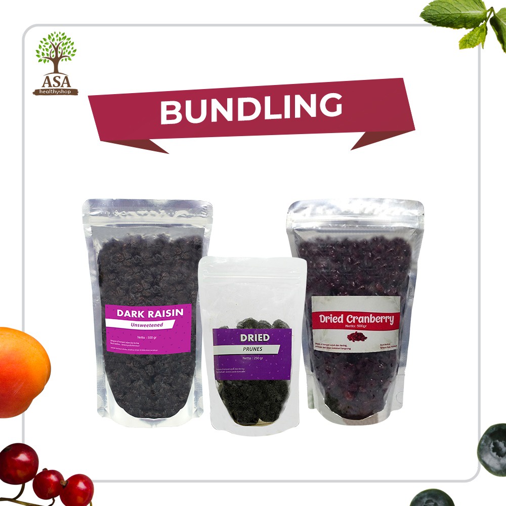 BUNDLING Dried Cranberry 500gr, Dark Raisin 500gr dan Dried Prunes 250gr