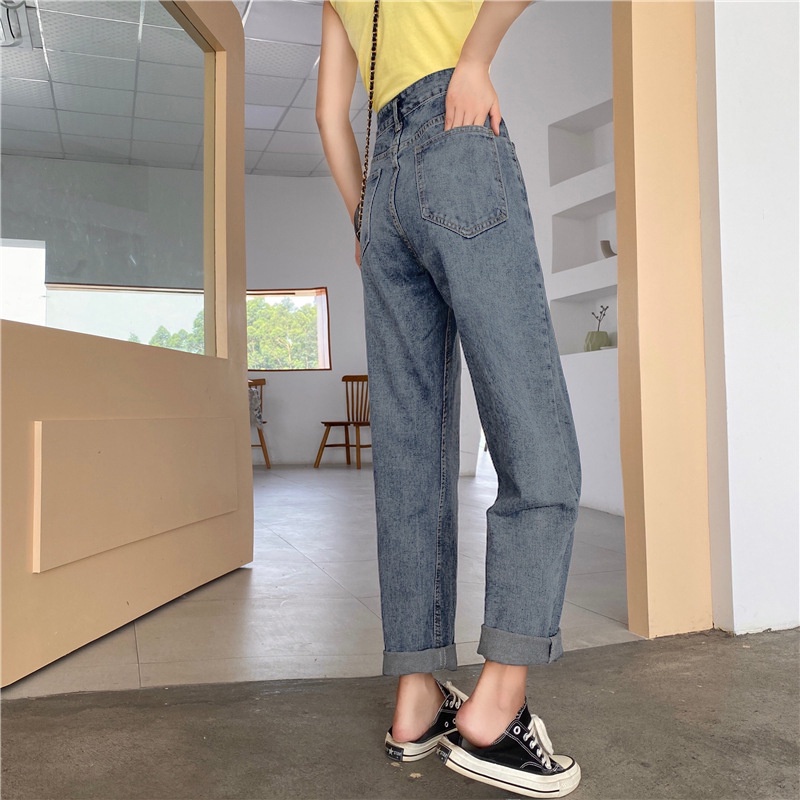 yikoo-Jeans wanita bordir daisy korean style jeans boyfriend celana