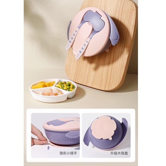 Tempat makan bayi mangkok sekat set tutup sendok garpu dan suction silicone anti tumpah