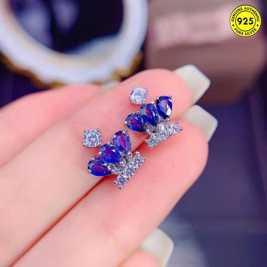 Anting Tusuk Gantung Desain Mahkota Hias Sapphire Biru Gaya Naturalmewah Untuk Wanita