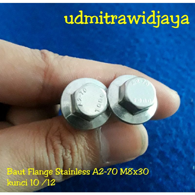 Baut flange stainless stell 304 kode A2-70 kunci 13 M8x30mm 3cm flange bolt SS baut kunci 12 stenlis