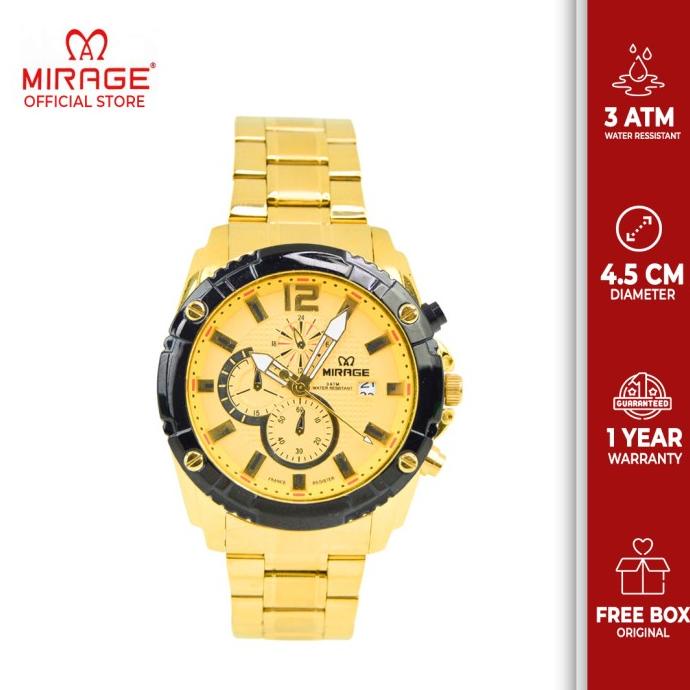 Mirage Jam Tangan Pria Gold Emas Mewah 8714M Original Bergaransi