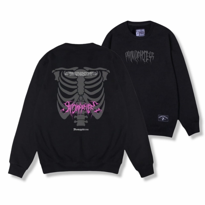 PHOMPPHIESS Sweater Crewneck Hitam Sablon Metal Crewneck Metal Pria Wanita