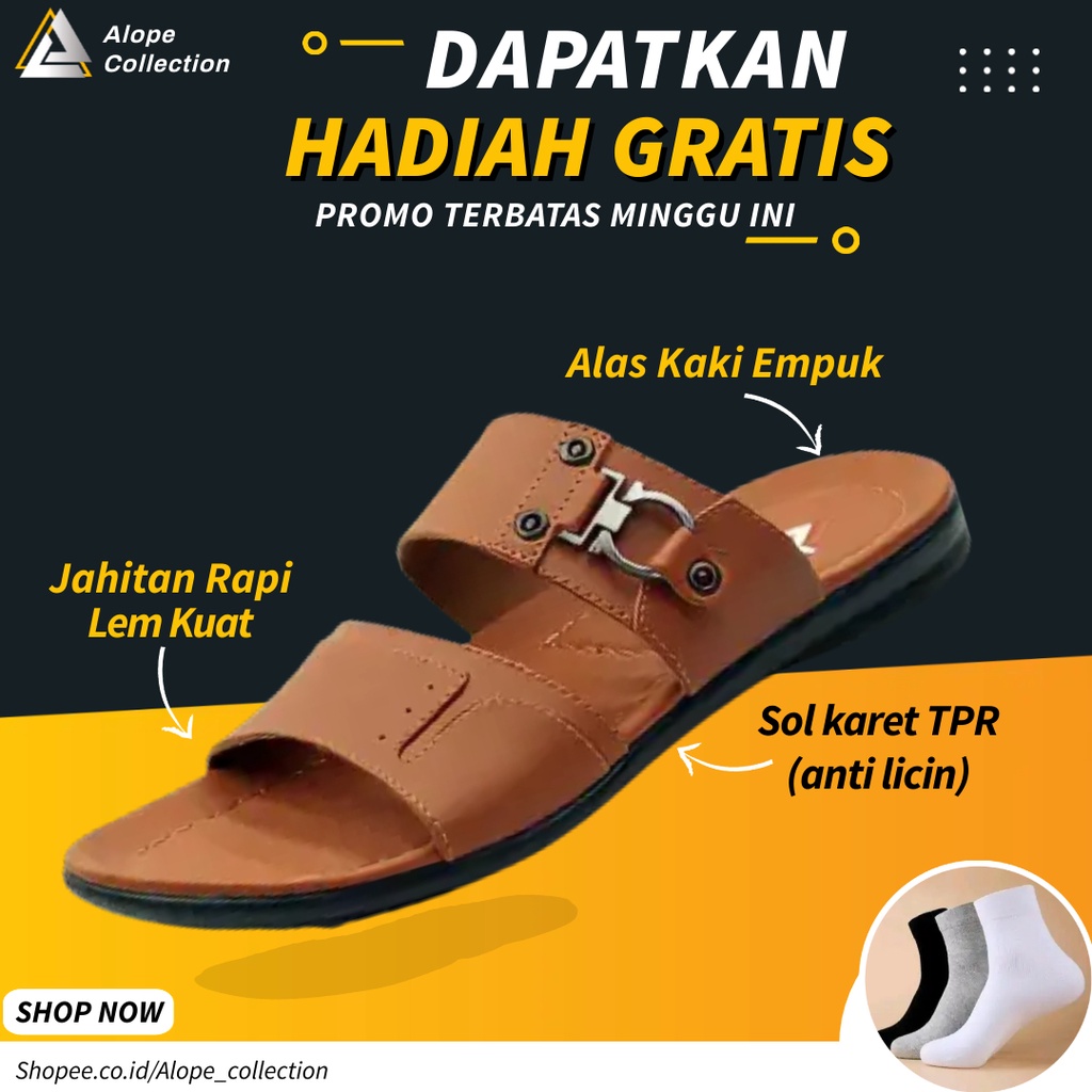 Sandal Slop Kulit Kekinian Casual Sendal Pria Cowok Dewasa Original Premium Brand Lokal Terbaru Kuat