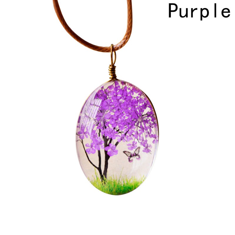 Women'S Lifelike Tree Of Life Oval Shape Amber Pendant Necklaces Handmade Glass Plant Necklace