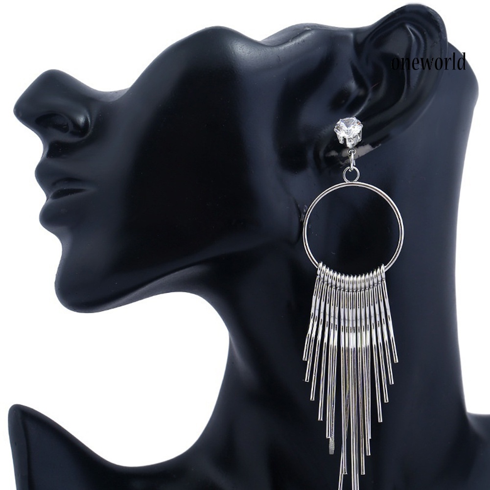 OW@ Fashion Women Zircon Tassel Anti Allergy Metal Long Earrings Statement Jewelry