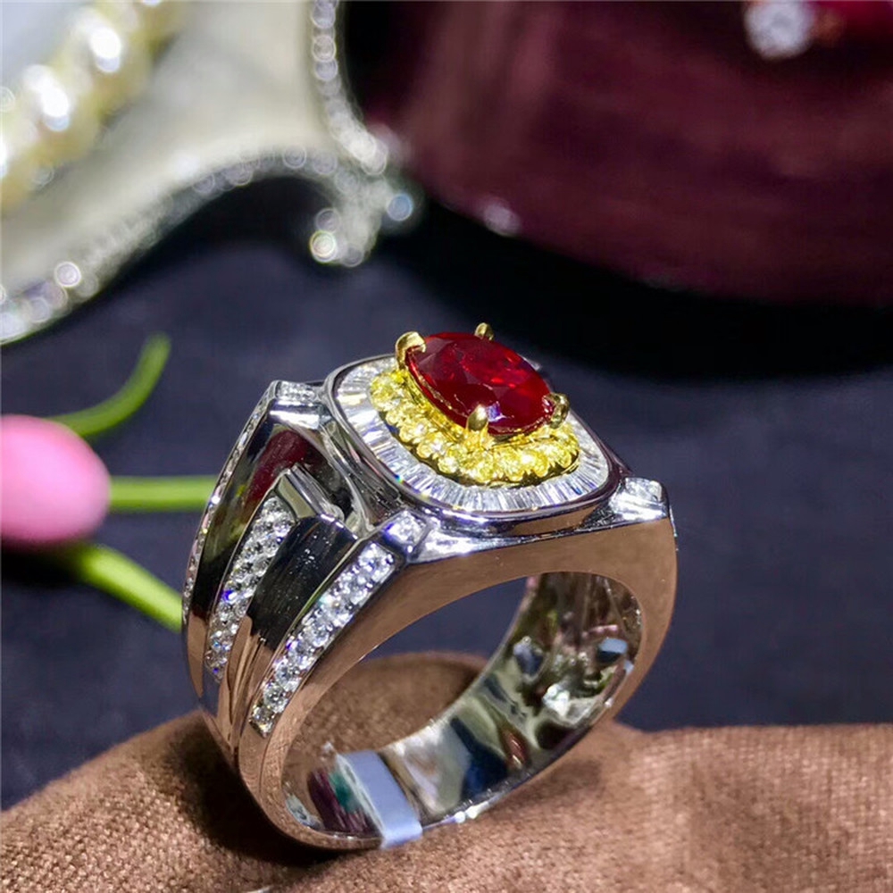 Cincin Kawin Rubi Bertatahkan Emas Putih Mewah Fashion Perhiasan Pria Wanita Berlian Batu Permata Kristal Merah Silver Rings