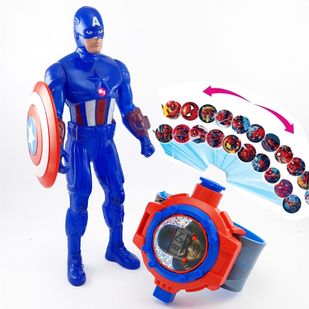 JAM TANGAN ANAK LAKI LAKI CAPTAIN AMERICA LAMPU PROYEKTOR 1 SET DENGAN MAINAN