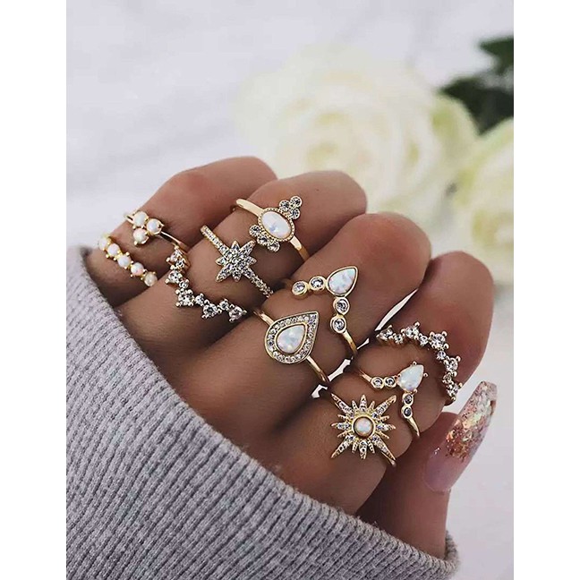 LRC Cincin Set Fashion Gold Star Droplet Diamond Protein Ring Set Of 10 F48103