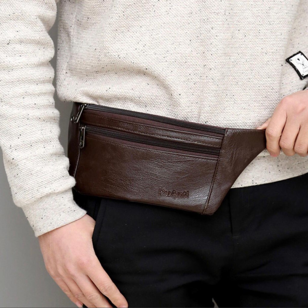 Tas Pinggang Pria Kulit Imitasi PuAnti / Sling Bag Tas Selempang Tipis Slempang Vintage Retro Class