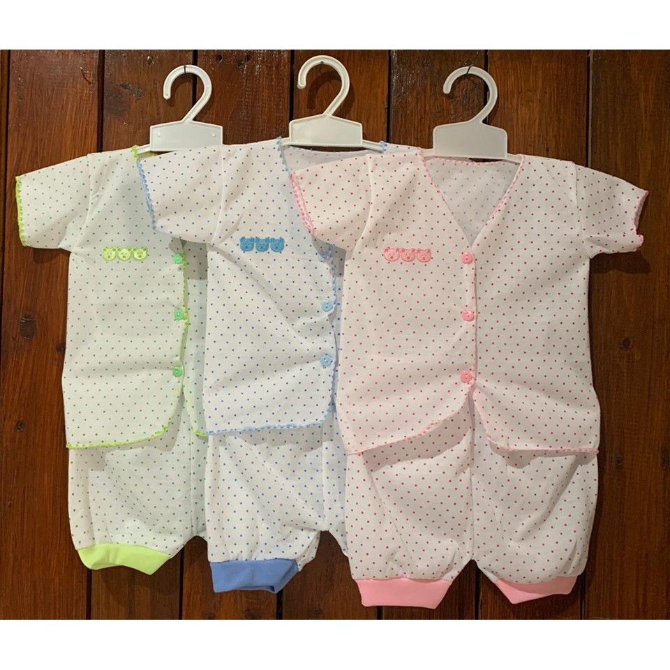 Baju Bayi Setelan Kutung, Lengan Pendek Panjang Boneka Tempel Motif Polkadot