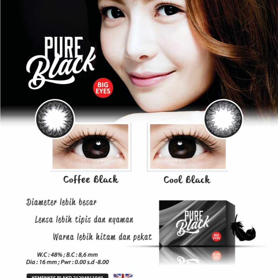 Softlens PURE BLACK DIA 16.00mm NORMAL &amp; MINUS (-0.50 s/d -3.00)  Big Eyes 16mm / Soflens Normal/Lensa  Kontak/BS