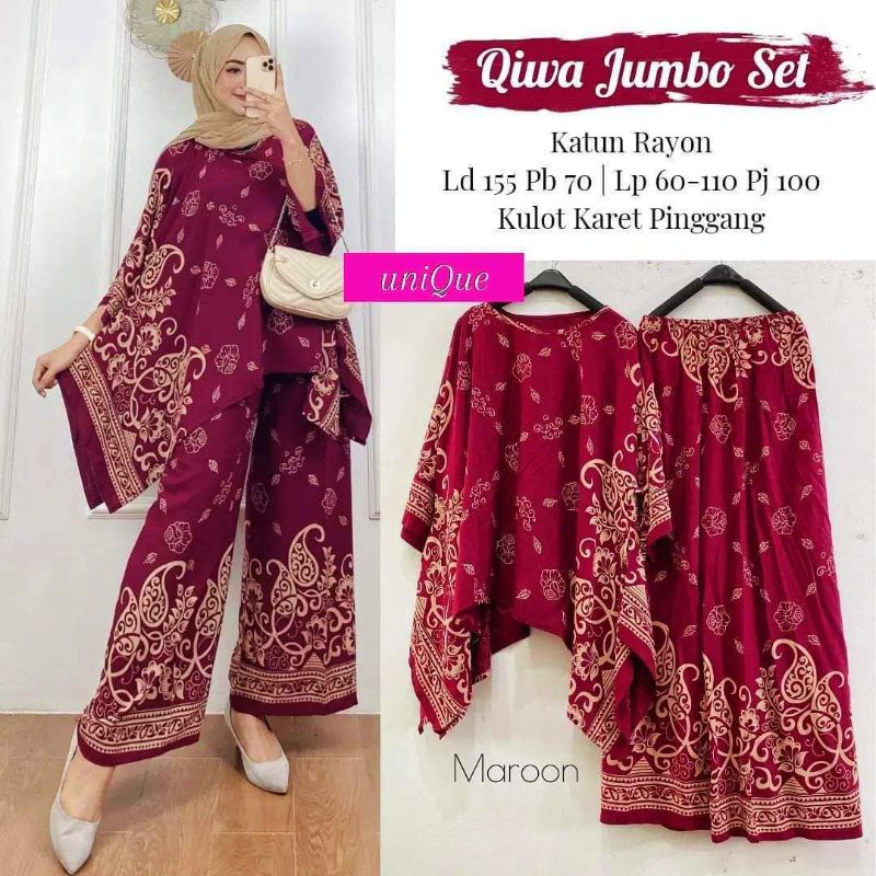 Qiwa Jumbo Set - One Set Jumbo Wanita Rayon Premium Setelan Celana Kulot Jumbo Batik Kekinian