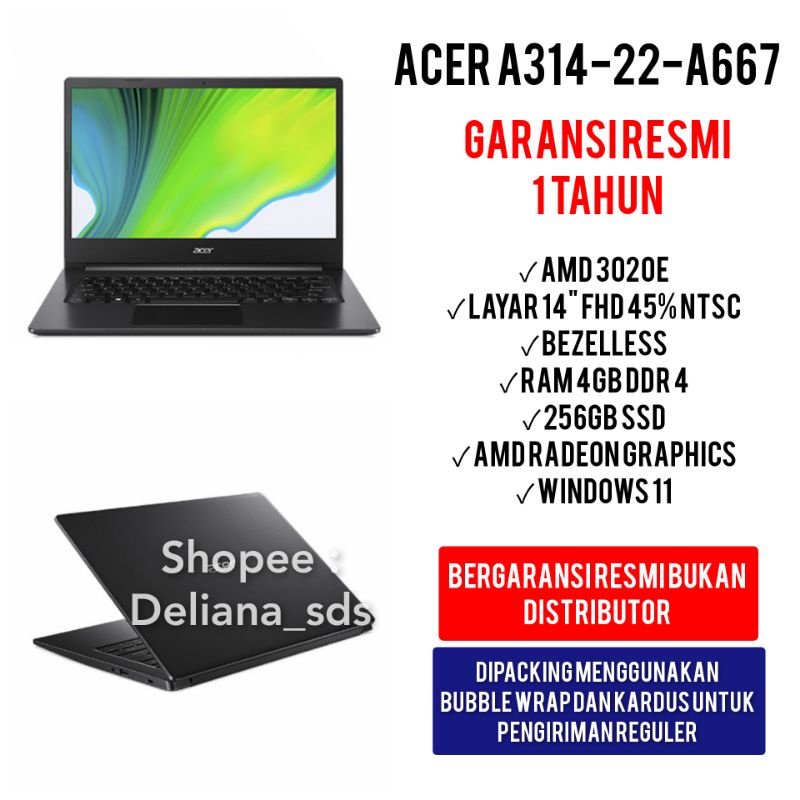 Laptop Acer Aspire 3 A314 - 22 - A667 FHD Amd 3020e 256GB Ssd Garansi Resmi 1 Tahun Laptop Acer A314