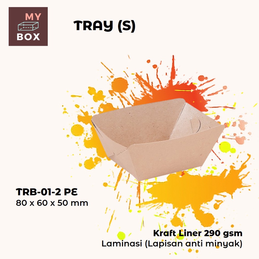 

BOX DUS KOTAK TRAY MAKANAN FRENCH FRIES KENTANG 8x6x5 cm KRAFT 290 gsm LAMINASI