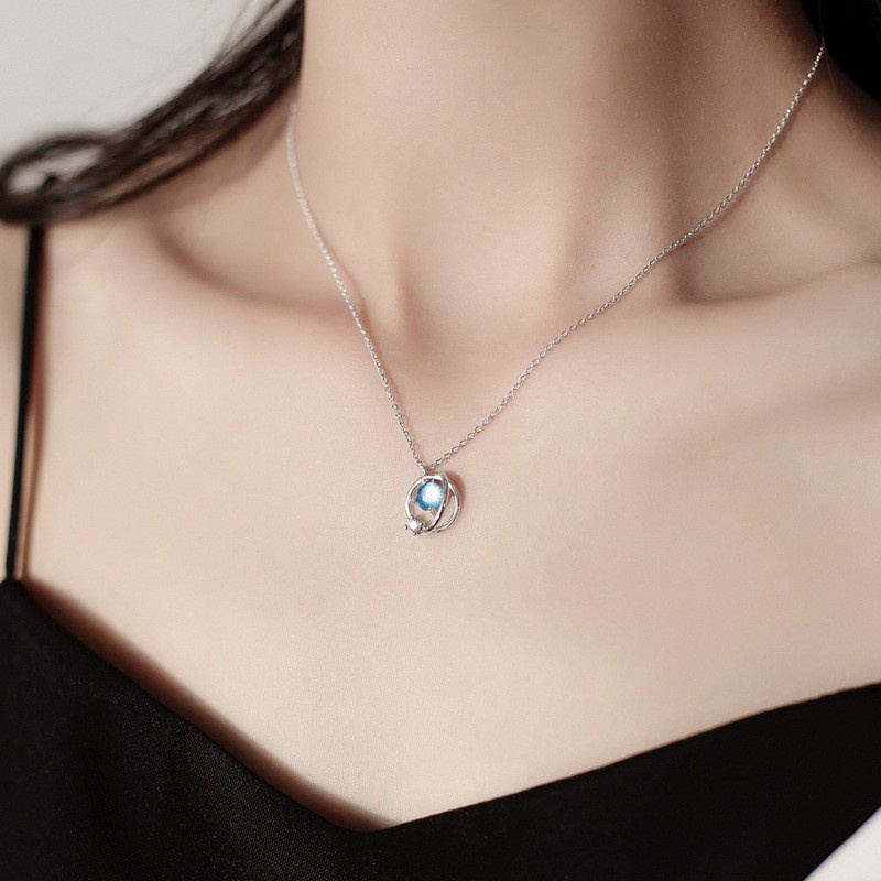 Kalung Wanita Fashion Chain x Necklace Blue Crystal Planet Sapphire Clavicle Pendant Necklace Fashion Perhiasan L09