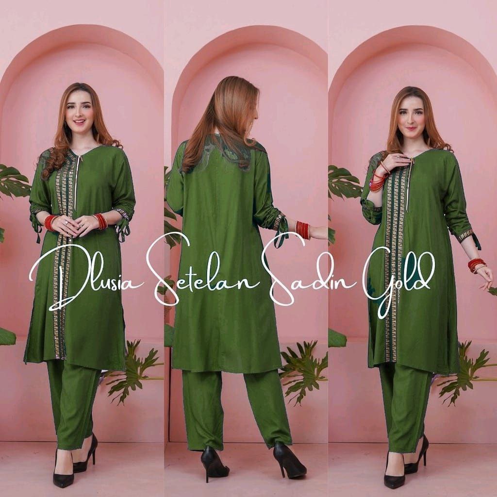 Dlusia Setelan Sadin Gold - One Set Wanita Tunik Renda Jumbo Rayon Premium Setelan Wanita Lengan Pendek Set Baju Muslim Kekinian LD  125 cm