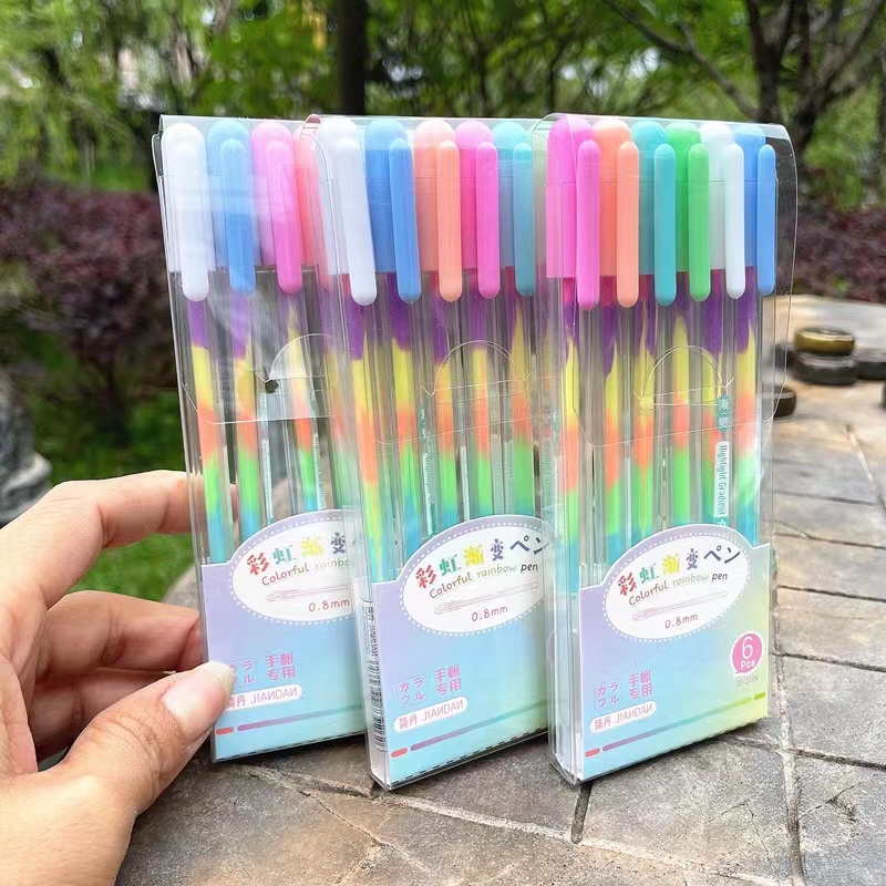 [1KG 26PCS] Babyland Pena Gliter Warna Rainbow / Bolpen Jel Pelangi / Drawing Pen Warna Blink Kotak 6 Pcs