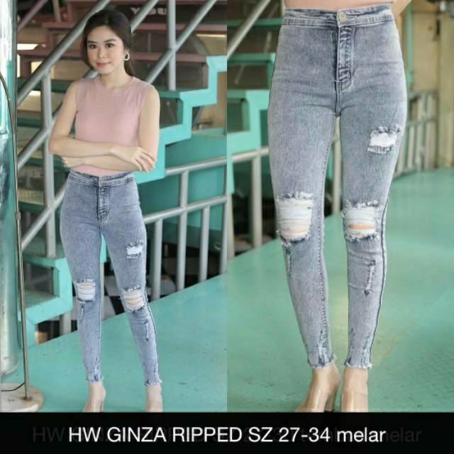  Celana  Jeans  Wanita  HW Ginza Ripped Acid Sobek  Highwaist 