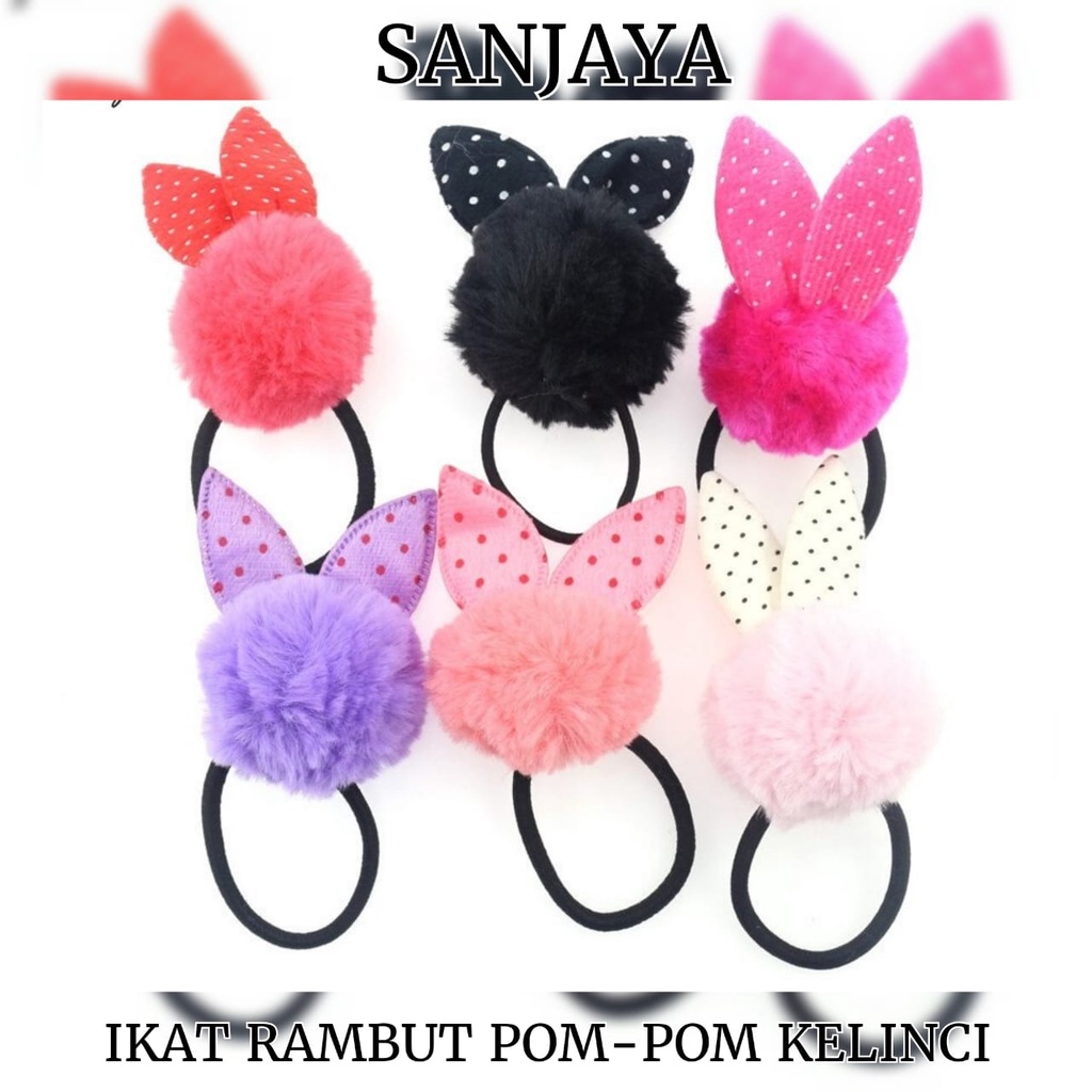 GELANG IKAT RAMBUT / IKAT RAMBUT WANITA LUCU / KUNCIRAN WARNA WARNI / KUNCIR RAMBUT TELINGA KELINCI / KR POM-POM KELINCI